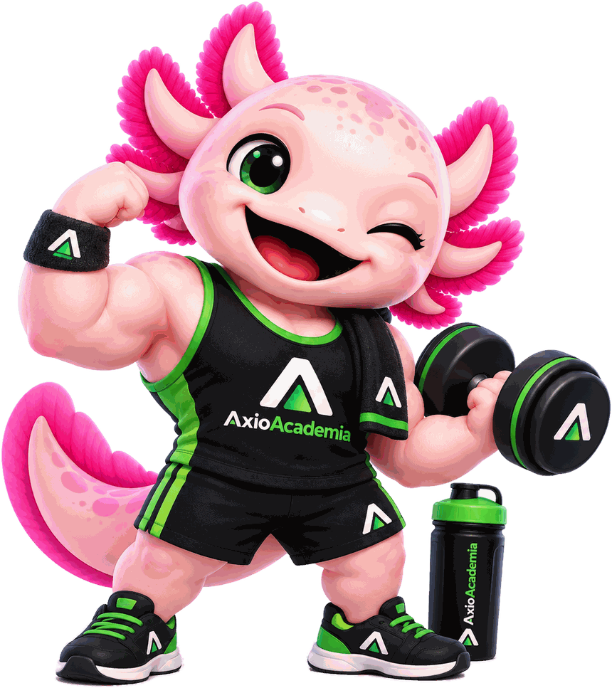 Mascote da AxioAcademia, um axolote em roupa de treino